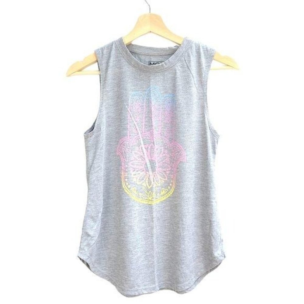 Grey Sleeveless Shirt with Hamsa Hand Graphic, Size Small